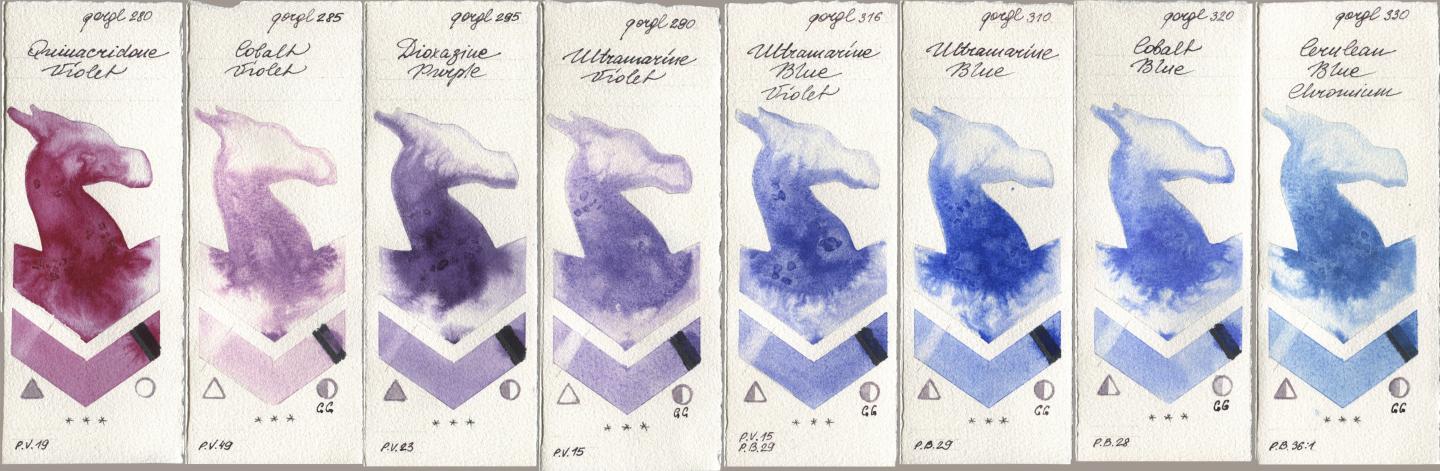 Golden QOR 280 Quinacridone Violet, 285 Cobalt Violet, 295 Dioxazine Purple, 290 Ultramarine Violet, 316 Ultramarine Blue Violet, 310 Ultramarine Blue, 320 Cobalt Blue, 330 Cerulean Blue, Chromi watercolor swatch