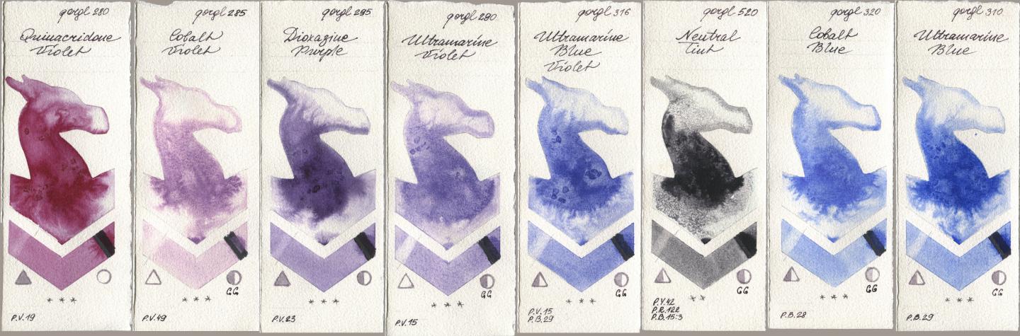 Golden QOR 280 Quinacridone Violet, 285 Cobalt Violet, 295 Dioxazine Purple, 290 Ultramarine Violet, 316 Ultramarine Blue Violet, 520 Neutral Tint, 320 Cobalt Blue, 310 Ultramarine Bl watercolor swatch