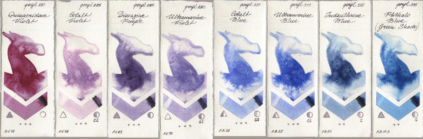 Golden QOR 280 Quinacridone Violet, 285 Cobalt Violet, 295 Dioxazine Purple, 290 Ultramarine Violet, 320 Cobalt Blue, 310 Ultramarine Blue, 335 Indanthrone Blue, 345 Phthalo Blue (Green Shad watercolor swatch