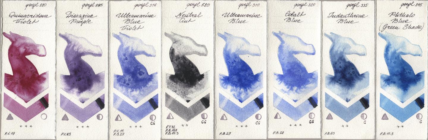 Golden QOR 280 Quinacridone Violet, 295 Dioxazine Purple, 316 Ultramarine Blue Violet, 520 Neutral Tint, 310 Ultramarine Blue, 320 Cobalt Blue, 335 Indanthrone Blue, 345 Phthalo Blue (Green Shad watercolor swatch