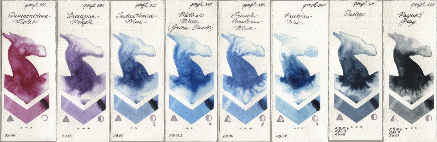 Golden QOR 280 Quinacridone Violet, 295 Dioxazine Purple, 335 Indanthrone Blue, 345 Phthalo Blue (Green Shade), 350 French Cerulean Blue, 340 Prussian Blue, 305 Indigo, 510 Paynes Gr watercolor swatch