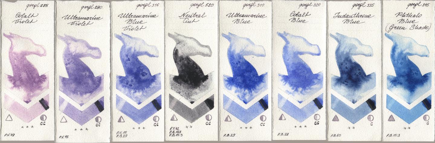 Golden QOR 285 Cobalt Violet, 290 Ultramarine Violet, 316 Ultramarine Blue Violet, 520 Neutral Tint, 310 Ultramarine Blue, 320 Cobalt Blue, 335 Indanthrone Blue, 345 Phthalo Blue (Green Shad watercolor swatch