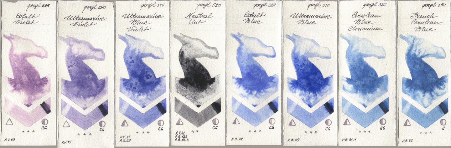 Golden QOR 285 Cobalt Violet, 290 Ultramarine Violet, 316 Ultramarine Blue Violet, 520 Neutral Tint, 320 Cobalt Blue, 310 Ultramarine Blue, 330 Cerulean Blue, Chromium, 350 French Cerulean Bl watercolor swatch