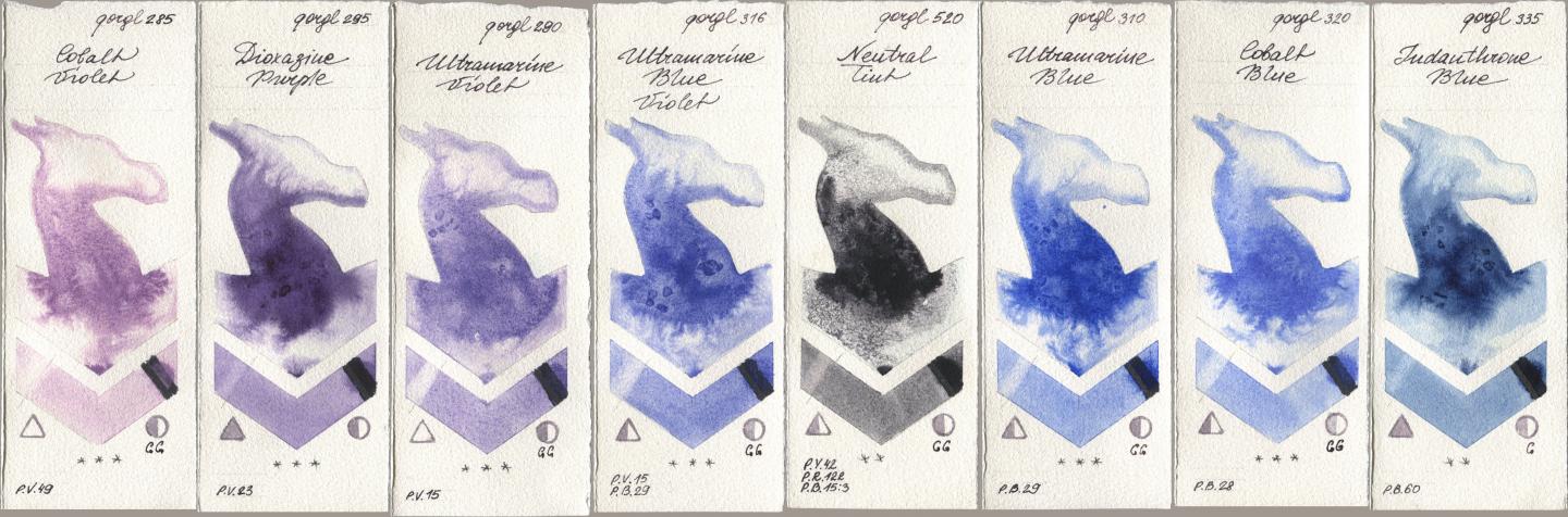 Golden QOR 285 Cobalt Violet, 295 Dioxazine Purple, 290 Ultramarine Violet, 316 Ultramarine Blue Violet, 520 Neutral Tint, 310 Ultramarine Blue, 320 Cobalt Blue, 335 Indanthrone Bl watercolor swatch