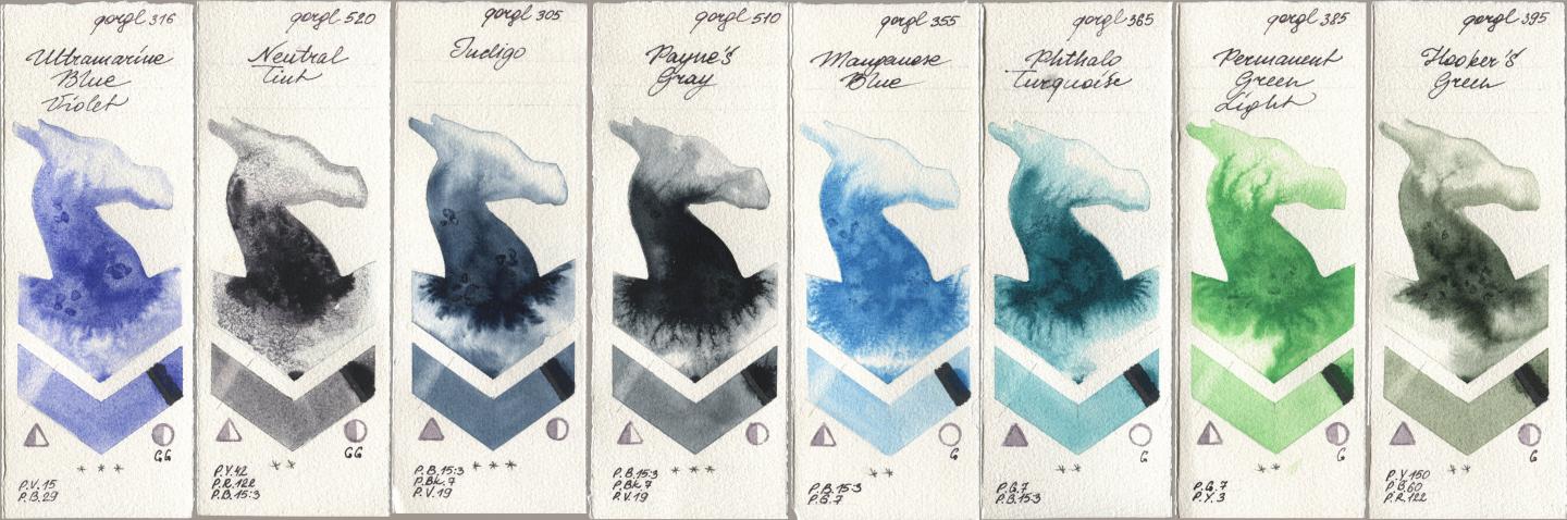 Golden QOR 316 Ultramarine Blue Violet, 520 Neutral Tint, 305 Indigo, 510 Paynes Gray, 355 Manganese Blue, 365 Phthalo Turquoise, 385 Permanent Green Light, 395 Hookers Gre watercolor swatch