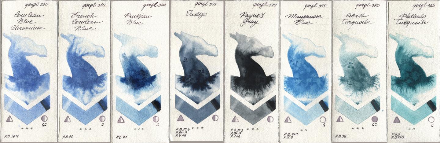 Golden QOR 330 Cerulean Blue, Chromium, 350 French Cerulean Blue, 340 Prussian Blue, 305 Indigo, 510 Paynes Gray, 355 Manganese Blue, 370 Cobalt Turquoise, 365 Phthalo Turquoi watercolor swatch