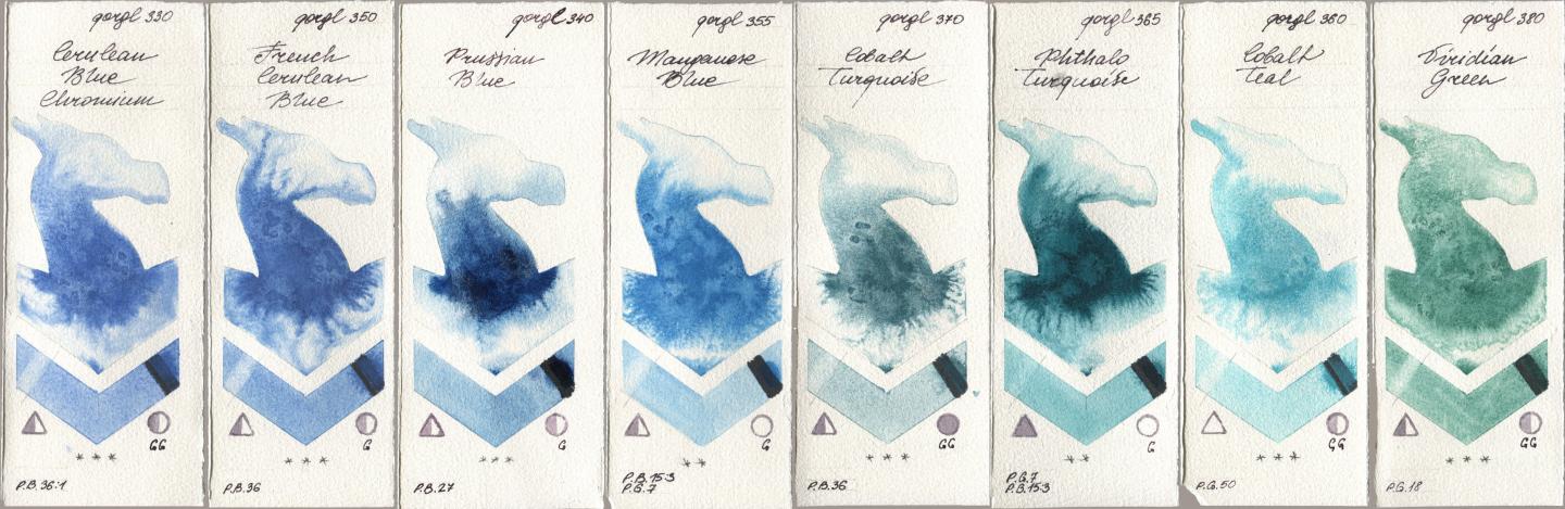 Golden QOR 330 Cerulean Blue, Chromium, 350 French Cerulean Blue, 340 Prussian Blue, 355 Manganese Blue, 370 Cobalt Turquoise, 365 Phthalo Turquoise, 360 Cobalt Teal, 380 Viridian Gre watercolor swatch