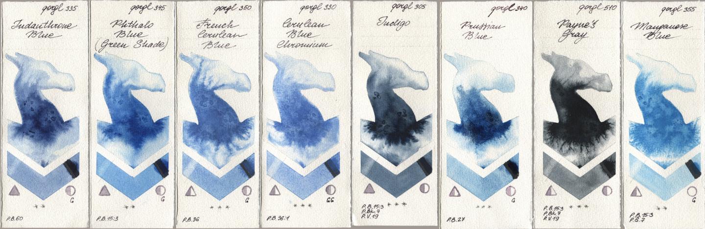 Golden QOR 335 Indanthrone Blue, 345 Phthalo Blue (Green Shade), 350 French Cerulean Blue, 330 Cerulean Blue, Chromium, 305 Indigo, 340 Prussian Blue, 510 Paynes Gray, 355 Manganese Bl watercolor swatch