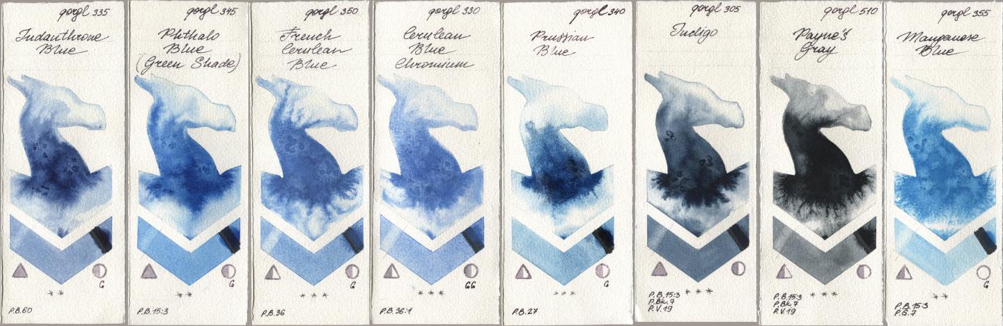Golden QOR 335 Indanthrone Blue, 345 Phthalo Blue (Green Shade), 350 French Cerulean Blue, 330 Cerulean Blue, Chromium, 340 Prussian Blue, 305 Indigo, 510 Paynes Gray, 355 Manganese Bl watercolor swatch