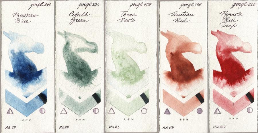 Golden QOR 340 Prussian Blue vs 390 Cobalt Green vs 405 Terre Verte vs 465 Venetian Red vs 225 Pyrrole Red Deep watercolor swatch