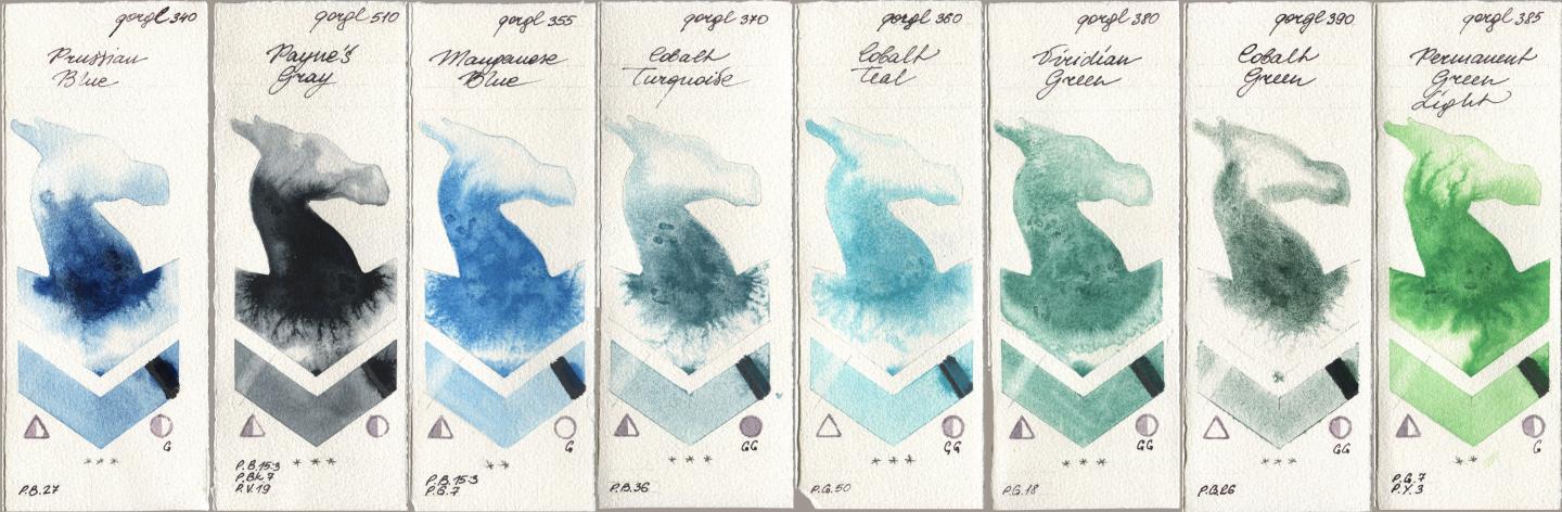 Golden QOR 340 Prussian Blue, 510 Paynes Gray, 355 Manganese Blue, 370 Cobalt Turquoise, 360 Cobalt Teal, 380 Viridian Green, 390 Cobalt Green, 385 Permanent Green Lig watercolor swatch