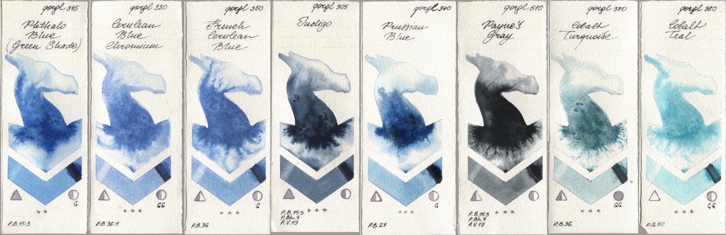 Golden QOR 345 Phthalo Blue (Green Shade), 330 Cerulean Blue, Chromium, 350 French Cerulean Blue, 305 Indigo, 340 Prussian Blue, 510 Paynes Gray, 370 Cobalt Turquoise, 360 Cobalt Te watercolor swatch