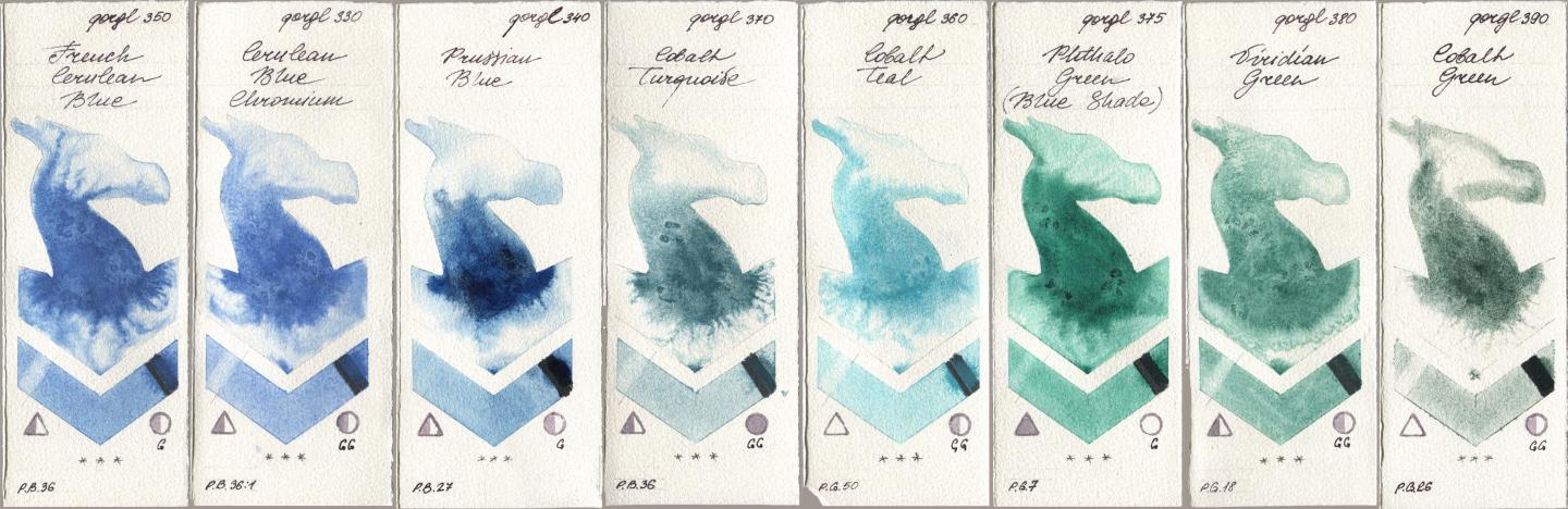 Golden QOR 350 French Cerulean Blue, 330 Cerulean Blue, Chromium, 340 Prussian Blue, 370 Cobalt Turquoise, 360 Cobalt Teal, 375 Phthalo Green (Blue Shade), 380 Viridian Green, 390 Cobalt Gre watercolor swatch