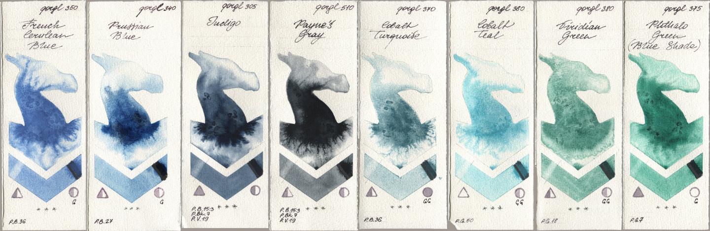 Golden QOR 350 French Cerulean Blue, 340 Prussian Blue, 305 Indigo, 510 Paynes Gray, 370 Cobalt Turquoise, 360 Cobalt Teal, 380 Viridian Green, 375 Phthalo Green (Blue Shad watercolor swatch