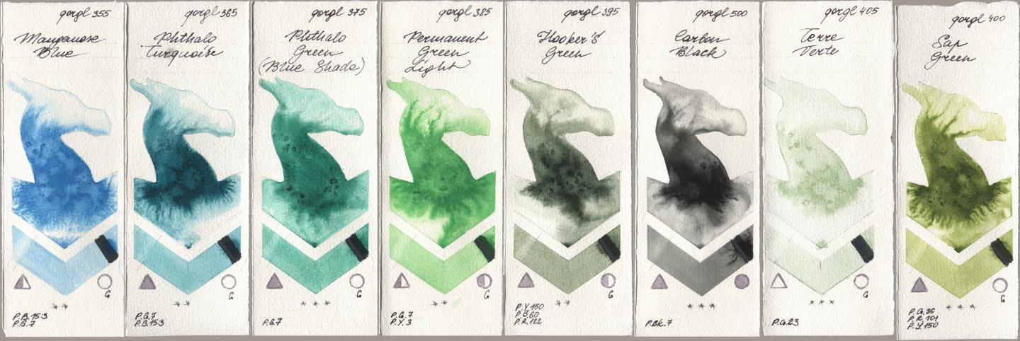 Golden QOR 355 Manganese Blue, 365 Phthalo Turquoise, 375 Phthalo Green (Blue Shade), 385 Permanent Green Light, 395 Hookers Green, 500 Carbon Black, 405 Terre Verte, 400 Sap Gre watercolor swatch