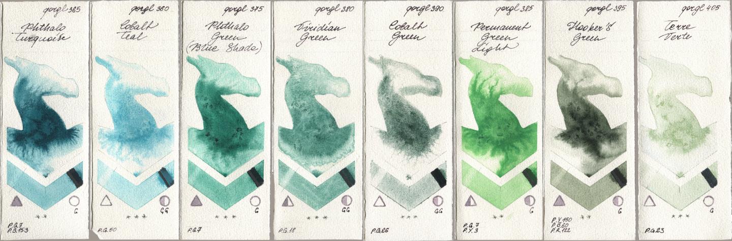 Golden QOR 365 Phthalo Turquoise, 360 Cobalt Teal, 375 Phthalo Green (Blue Shade), 380 Viridian Green, 390 Cobalt Green, 385 Permanent Green Light, 395 Hookers Green, 405 Terre Ver watercolor swatch
