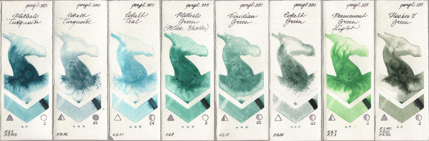 Golden QOR 365 Phthalo Turquoise, 370 Cobalt Turquoise, 360 Cobalt Teal, 375 Phthalo Green (Blue Shade), 380 Viridian Green, 390 Cobalt Green, 385 Permanent Green Light, 395 Hookers Gre watercolor swatch