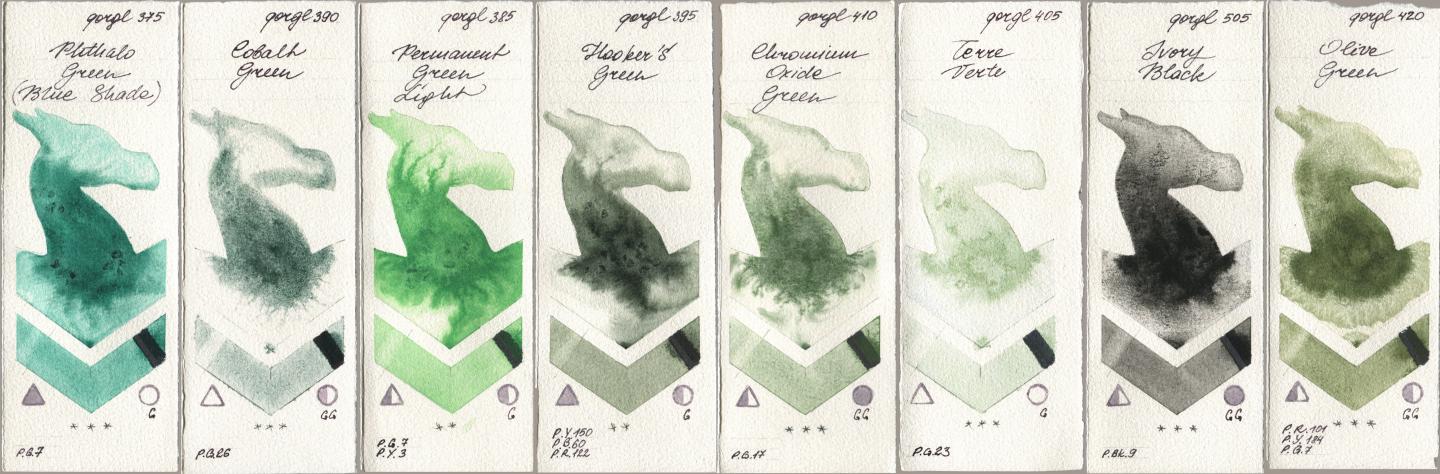 Golden QOR 375 Phthalo Green (Blue Shade), 390 Cobalt Green, 385 Permanent Green Light, 395 Hookers Green, 410 Chromium Oxide Green, 405 Terre Verte, 505 Ivory Black, 420 Olive Gre watercolor swatch