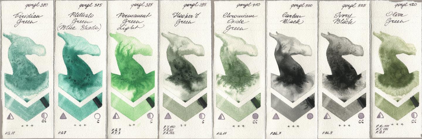 Golden QOR 380 Viridian Green, 375 Phthalo Green (Blue Shade), 385 Permanent Green Light, 395 Hookers Green, 410 Chromium Oxide Green, 500 Carbon Black, 505 Ivory Black, 420 Olive Gre watercolor swatch