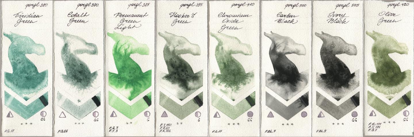 Golden QOR 380 Viridian Green, 390 Cobalt Green, 385 Permanent Green Light, 395 Hookers Green, 410 Chromium Oxide Green, 500 Carbon Black, 505 Ivory Black, 420 Olive Gre watercolor swatch