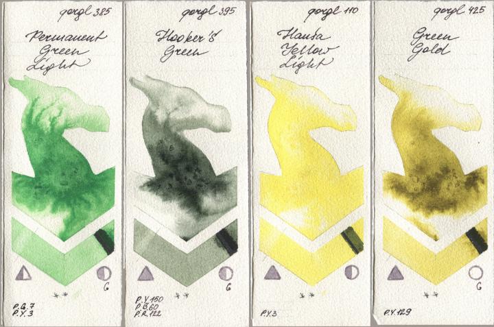 Golden QOR 385 Permanent Green Light, 395 Hookers Green, 110 Hansa Yellow Light, 425 Green Go watercolor swatch