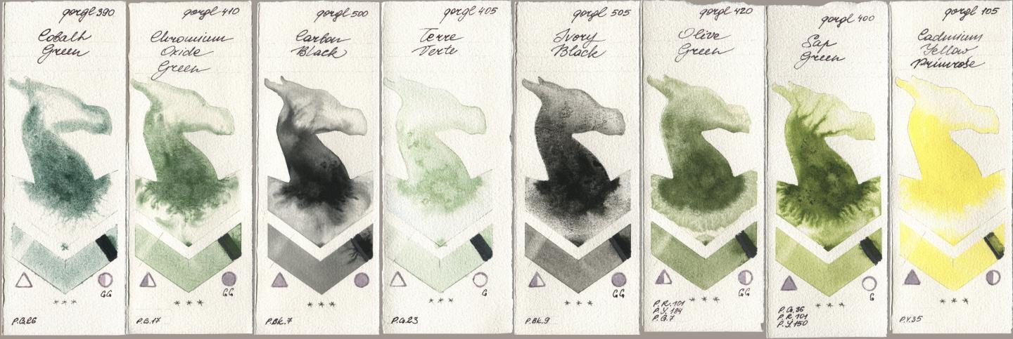 Golden QOR 390 Cobalt Green, 410 Chromium Oxide Green, 500 Carbon Black, 405 Terre Verte, 505 Ivory Black, 420 Olive Green, 400 Sap Green, 105 Cadmium Yellow Primro watercolor swatch