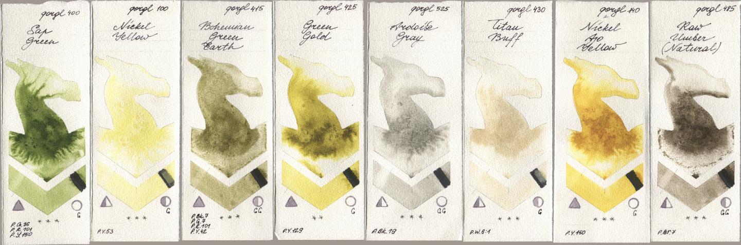 Golden QOR 400 Sap Green, 100 Nickel Yellow, 415 Bohemian Green Earth, 425 Green Gold, 525 Ardoise Gray, 430 Titan Buff, 140 Nickel Azo Yellow, 485 Raw Umber (Natura watercolor swatch