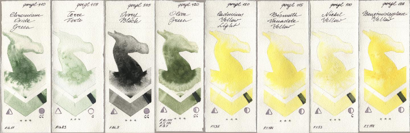 Golden QOR 410 Chromium Oxide Green, 405 Terre Verte, 505 Ivory Black, 420 Olive Green, 120 Cadmium Yellow Light, 115 Bismuth Vanadate Yellow, 100 Nickel Yellow, 126 Benzimidazolone Yell watercolor swatch