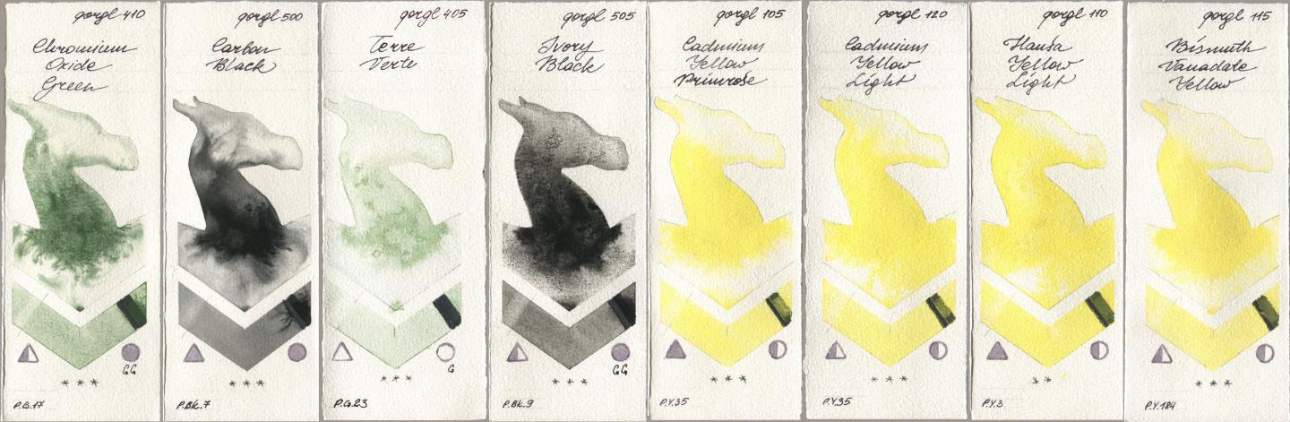 Golden QOR 410 Chromium Oxide Green, 500 Carbon Black, 405 Terre Verte, 505 Ivory Black, 105 Cadmium Yellow Primrose, 120 Cadmium Yellow Light, 110 Hansa Yellow Light, 115 Bismuth Vanadate Yell watercolor swatch