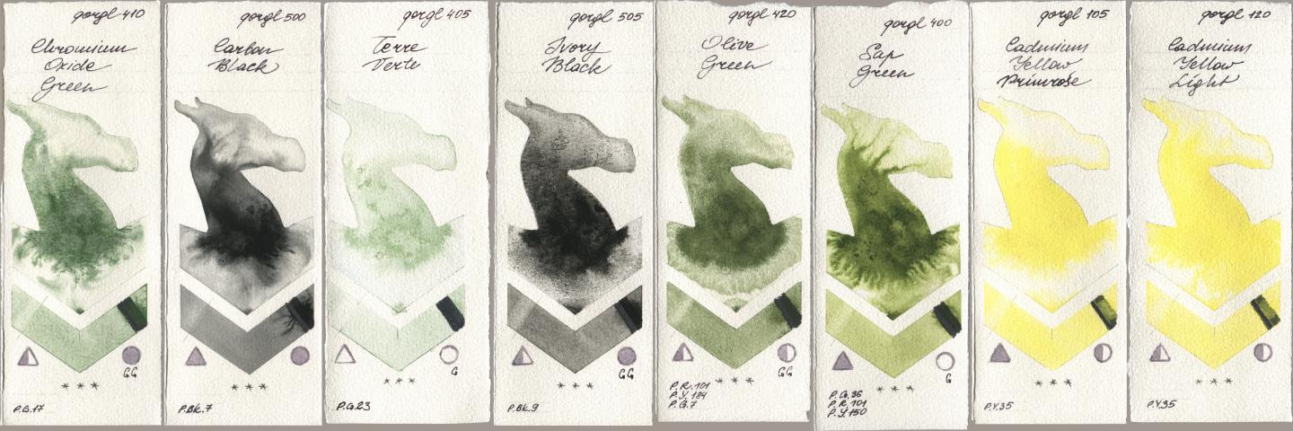 Golden QOR 410 Chromium Oxide Green, 500 Carbon Black, 405 Terre Verte, 505 Ivory Black, 420 Olive Green, 400 Sap Green, 105 Cadmium Yellow Primrose, 120 Cadmium Yellow Lig watercolor swatch
