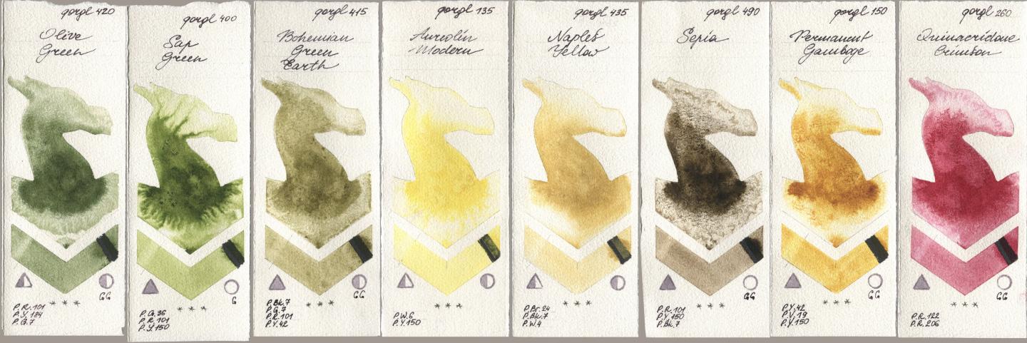 Golden QOR 420 Olive Green, 400 Sap Green, 415 Bohemian Green Earth, 135 Aureolin Modern, 435 Naples Yellow, 490 Sepia, 150 Permanent Gamboge, 260 Quinacridone Crims watercolor swatch
