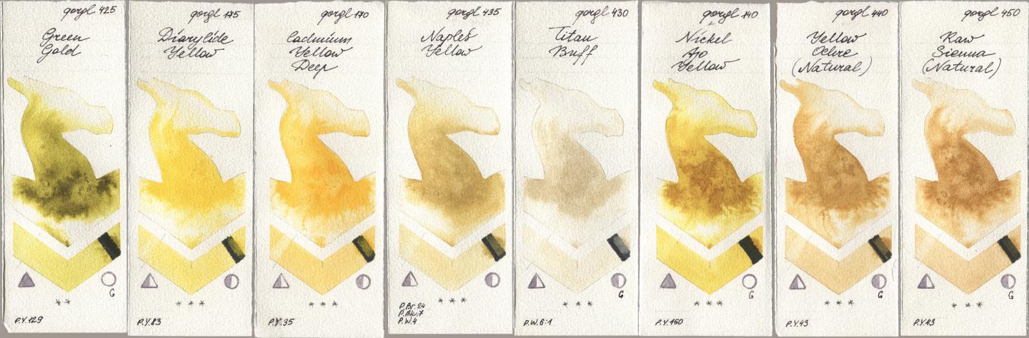 Golden QOR 425 Green Gold, 175 Diarylide Yellow, 170 Cadmium Yellow Deep, 435 Naples Yellow, 430 Titan Buff, 140 Nickel Azo Yellow, 440 Yellow Ochre (Natural), 450 Raw Sienna (Natura watercolor swatch