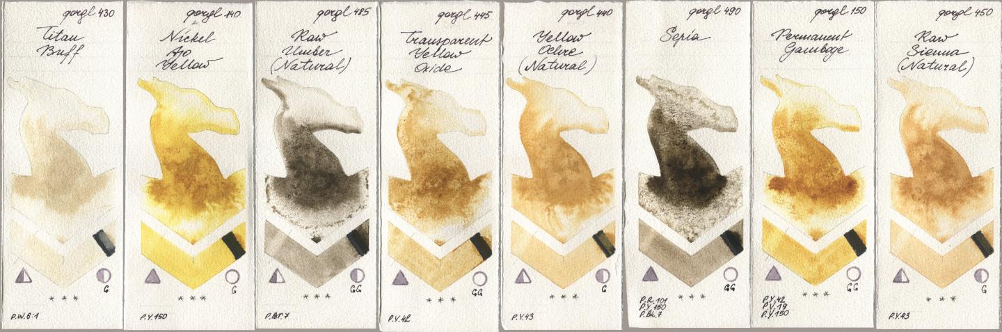 Golden QOR 430 Titan Buff, 140 Nickel Azo Yellow, 485 Raw Umber (Natural), 445 Transparent Yellow Oxide, 440 Yellow Ochre (Natural), 490 Sepia, 150 Permanent Gamboge, 450 Raw Sienna (Natura watercolor swatch