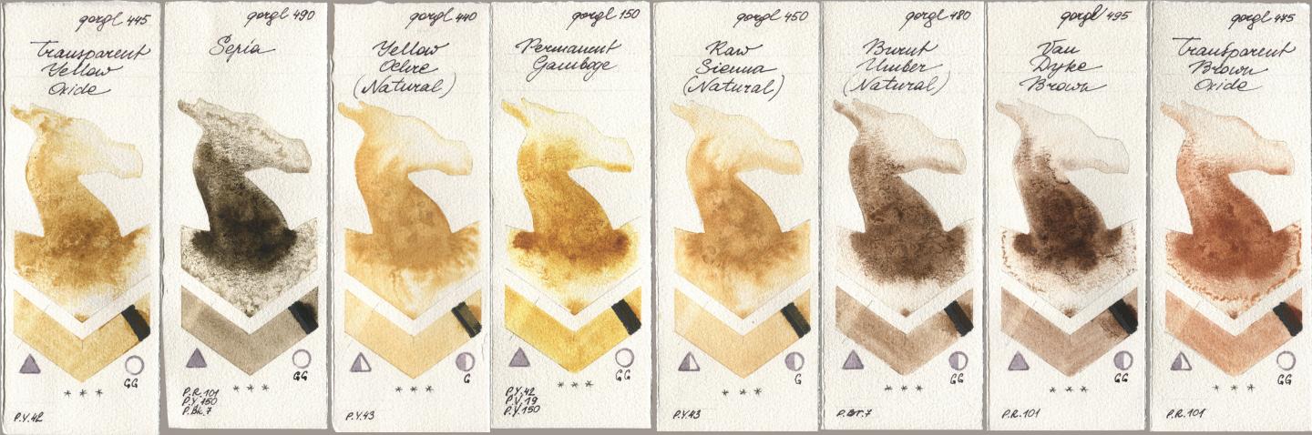 Golden QOR 445 Transparent Yellow Oxide, 490 Sepia, 440 Yellow Ochre (Natural), 150 Permanent Gamboge, 450 Raw Sienna (Natural), 480 Burnt Umber (Natural), 495 Van Dyke Brown, 475 Transparent Brown Oxi watercolor swatch