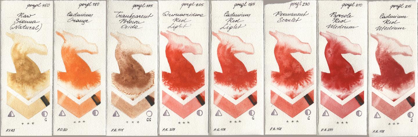 Golden QOR 450 Raw Sienna (Natural), 180 Cadmium Orange, 475 Transparent Brown Oxide, 205 Quinacridone Red Light, 195 Cadmium Red Light, 230 Permanent Scarlet, 210 Pyrrole Red Medium, 215 Cadmium Red Medi watercolor swatch