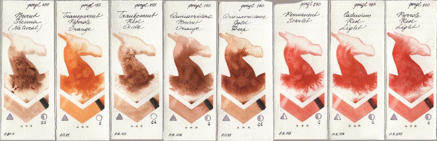 Golden QOR 470 Burnt Sienna (Natural), 185 Transparent Pyrrole Orange, 455 Transparent Red Oxide, 165 Quinacridone Burnt Orange, 160 Quinacridone Gold Deep, 230 Permanent Scarlet, 195 Cadmium Red Light, 200 Pyrrole Red Lig watercolor swatch