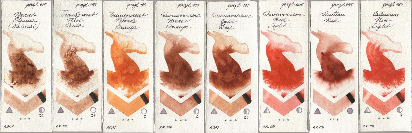 Golden QOR 470 Burnt Sienna (Natural), 455 Transparent Red Oxide, 185 Transparent Pyrrole Orange, 165 Quinacridone Burnt Orange, 160 Quinacridone Gold Deep, 205 Quinacridone Red Light, 465 Venetian Red, 195 Cadmium Red Lig watercolor swatch