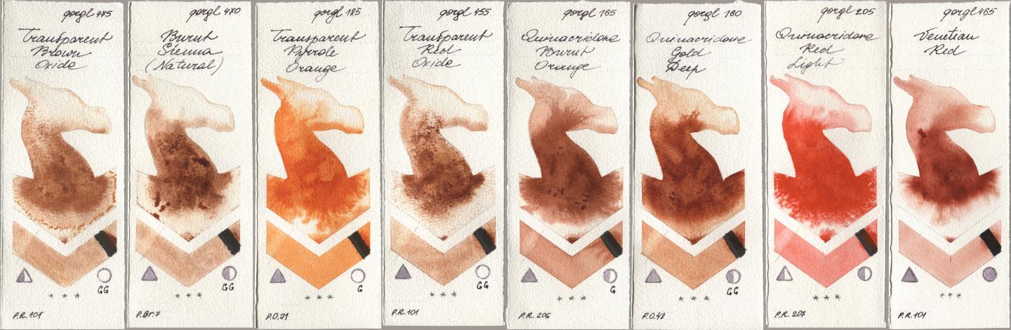 Golden QOR 475 Transparent Brown Oxide, 470 Burnt Sienna (Natural), 185 Transparent Pyrrole Orange, 455 Transparent Red Oxide, 165 Quinacridone Burnt Orange, 160 Quinacridone Gold Deep, 205 Quinacridone Red Light, 465 Venetian R watercolor swatch
