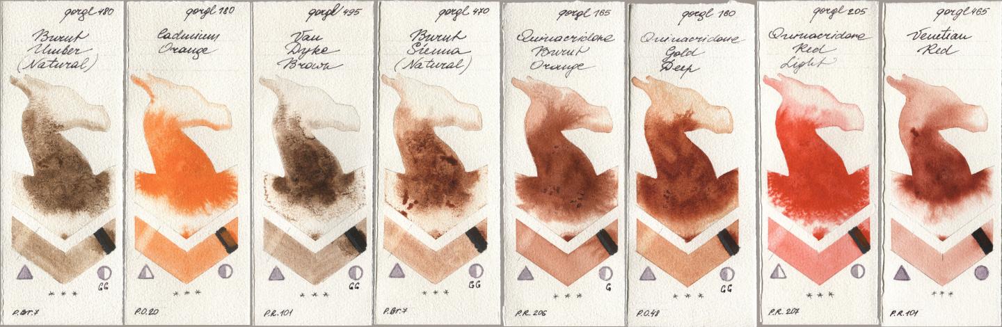 Golden QOR 480 Burnt Umber (Natural), 180 Cadmium Orange, 495 Van Dyke Brown, 470 Burnt Sienna (Natural), 165 Quinacridone Burnt Orange, 160 Quinacridone Gold Deep, 205 Quinacridone Red Light, 465 Venetian R watercolor swatch