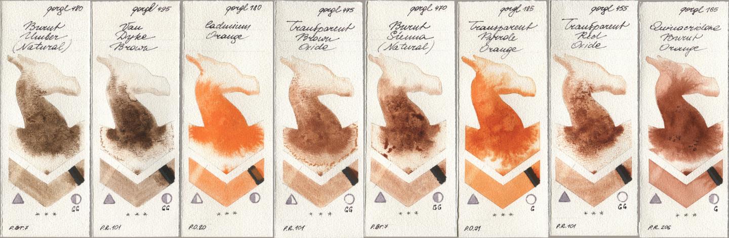 Golden QOR 480 Burnt Umber (Natural), 495 Van Dyke Brown, 180 Cadmium Orange, 475 Transparent Brown Oxide, 470 Burnt Sienna (Natural), 185 Transparent Pyrrole Orange, 455 Transparent Red Oxide, 165 Quinacridone Burnt Oran watercolor swatch