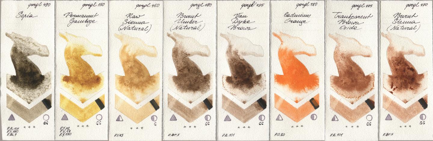 Golden QOR 490 Sepia, 150 Permanent Gamboge, 450 Raw Sienna (Natural), 480 Burnt Umber (Natural), 495 Van Dyke Brown, 180 Cadmium Orange, 475 Transparent Brown Oxide, 470 Burnt Sienna (Natura watercolor swatch