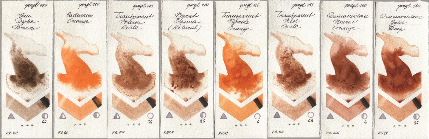 Golden QOR 495 Van Dyke Brown, 180 Cadmium Orange, 475 Transparent Brown Oxide, 470 Burnt Sienna (Natural), 185 Transparent Pyrrole Orange, 455 Transparent Red Oxide, 165 Quinacridone Burnt Orange, 160 Quinacridone Gold De watercolor swatch