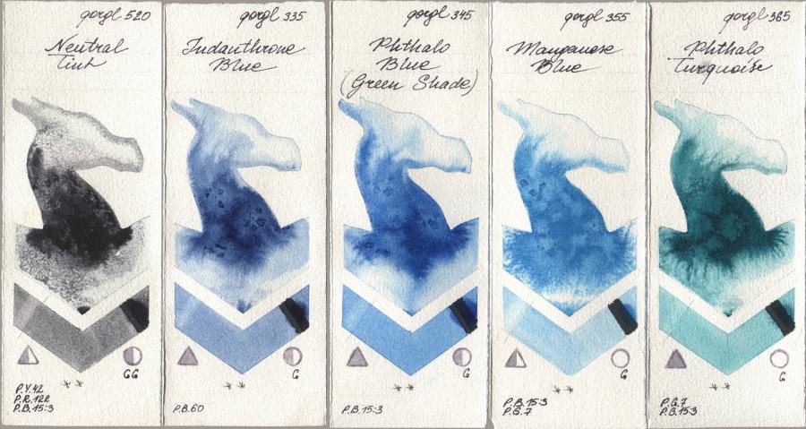 Golden QOR 520 Neutral Tint, 335 Indanthrone Blue, 345 Phthalo Blue (Green Shade), 355 Manganese Blue, 365 Phthalo Turquoi watercolor swatch