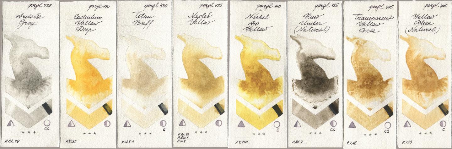 Golden QOR 525 Ardoise Gray, 170 Cadmium Yellow Deep, 430 Titan Buff, 435 Naples Yellow, 140 Nickel Azo Yellow, 485 Raw Umber (Natural), 445 Transparent Yellow Oxide, 440 Yellow Ochre (Natura watercolor swatch
