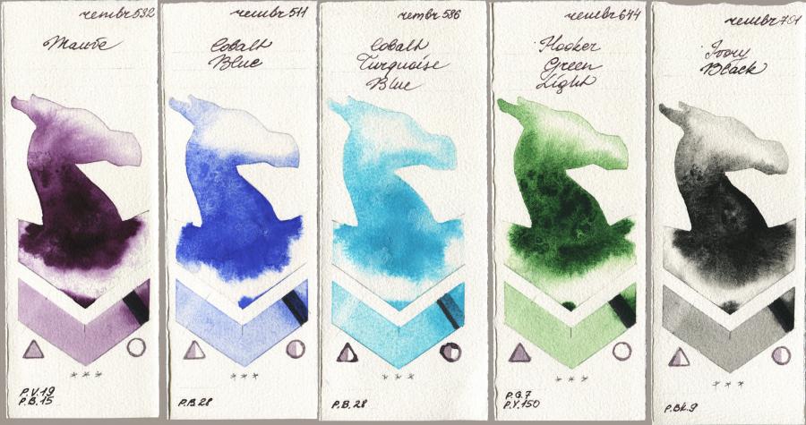 Royal Talens Rembrandt Watercolour 532 Mauve vs 511 Cobalt Blue vs 586 Cobalt Turquoise Blue vs 644 Hooker Green Light vs 701 Ivory Black watercolor swatch