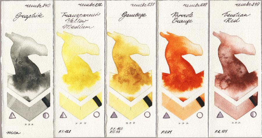Royal Talens Rembrandt Watercolour 840 Graphite vs 272 Transparent Yellow Medium vs 238 Gamboge vs 278 Pyrrole Orange vs 349 Venerian Red watercolor swatch