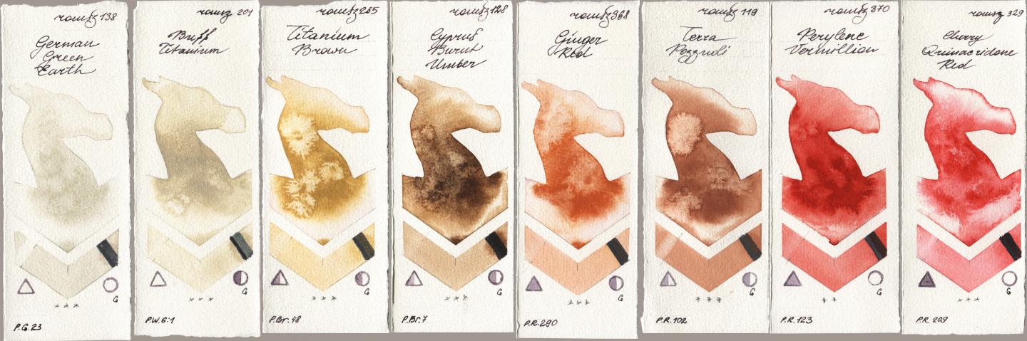 Roman Szmal Aquarius 138 German Green Earth, 201 Buff Titanium, 265 Titanium Brown, 128 Cyprus Burnt Umber, 368 Genger Red, 119 Terra Pozzuoli, 370 Perylene Vermillion, 329 Cherry Quinacridone R watercolor swatch