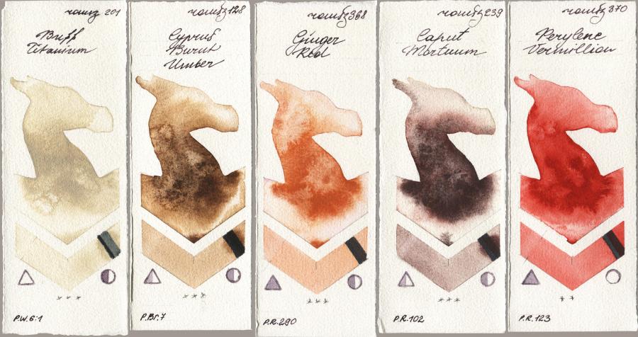 Roman Szmal Aquarius 201 Buff Titanium vs 128 Cyprus Burnt Umber vs 368 Genger Red vs 239 Caput Mortuum vs 370 Perylene Vermillion watercolor swatch