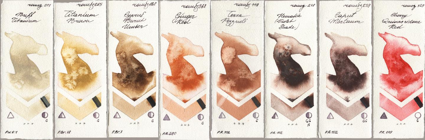 Roman Szmal Aquarius 201 Buff Titanium, 265 Titanium Brown, 128 Cyprus Burnt Umber, 368 Genger Red, 119 Terra Pozzuoli, 248 Hematite (Violet Shade), 239 Caput Mortuum, 329 Cherry Quinacridone R watercolor swatch
