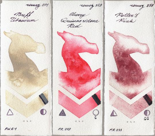 Roman Szmal Aquarius 201 Buff Titanium vs 329 Cherry Quinacridone Red vs 359 Potters Pink watercolor swatch